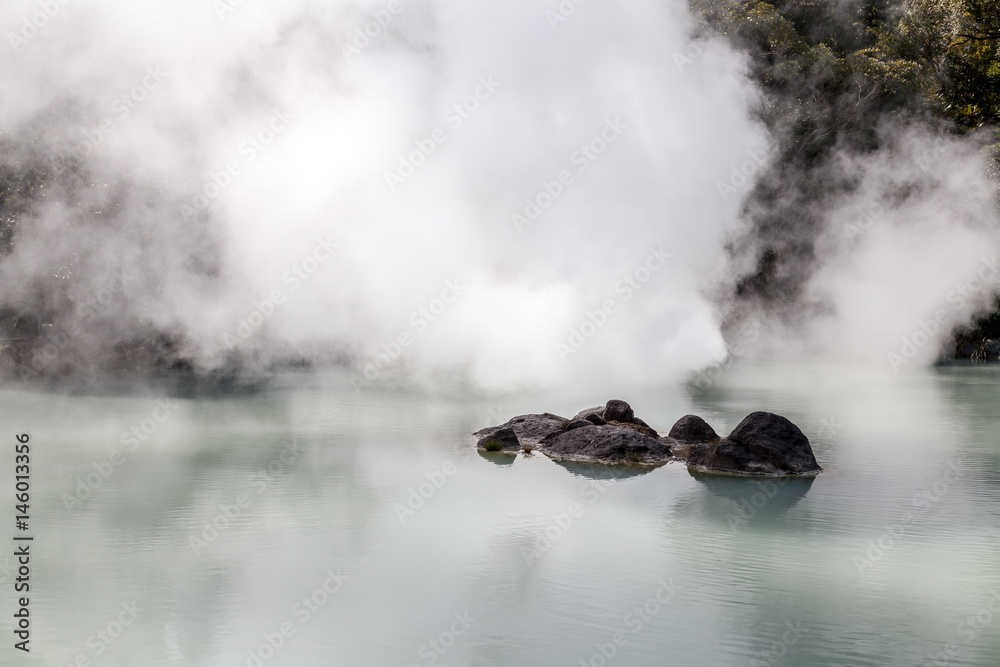 Shiraike Jigoku (White Pond Hell) is one of the tourist attractions representing the various hells at Beppu Onsen, Oita, Japan.