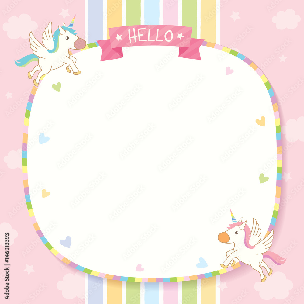 Rainbow frame with unicorns lover on pink background.