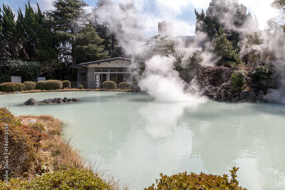 BEPPU, OITA, JAPAN - MARCH 14, 2017 :Shiraike Jigoku (White Pond Hell) is one of the tourist attractions representing the various hells at Beppu Onsen, Oita.