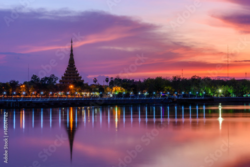Scene of twilight at Nong Wang temple, Phra Mahathat Kaen Nakhon in Khon  Kaen province, Thailand. photo