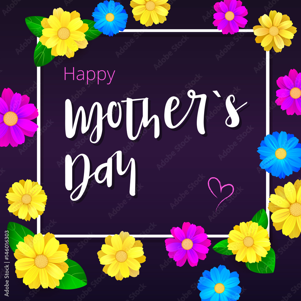 Happy Mother day. Greeting banner with white frame for your congratulations cards. Realistic colorfull, bright, spring flowers on dark backdrops. Ready for your beloved mother.