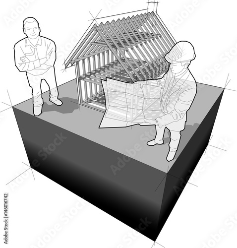 diagram of wooden framework construction of a simple detached house with architect and happy smiling customer standing in front of it 