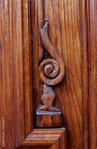 Detail part of decorative old wooden door with ornament in Tbilisi, Georgia