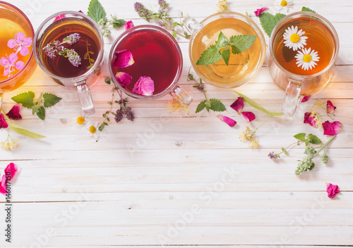 herbal tea on a white wooden background