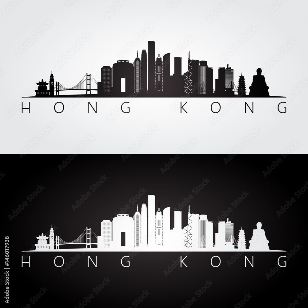 Hong Kong skyline and landmarks silhouette