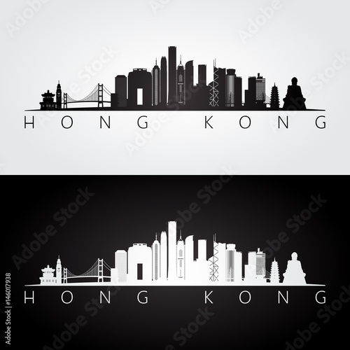 Hong Kong skyline and landmarks silhouette