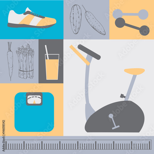 Weight loss, exercise bike, weights, diet. Vector Illustration
