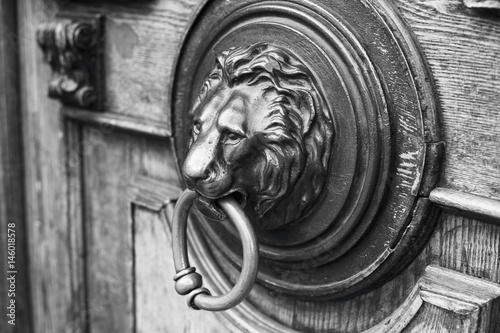 An ancient door handle with metal lion head in Tbilisi, Georgia photo