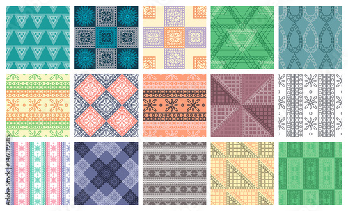 Set of seamless vector geometric colorful patterns with ornamental elements,endless background with ethnic motifs. Graphic vector illustration. Series- sets of vector seamless patterns.