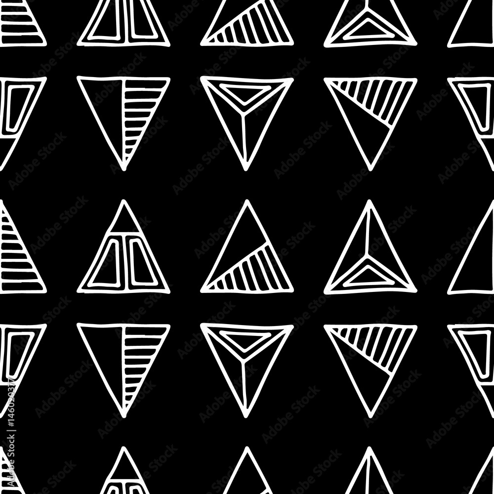 Seamless vector pattern. Black and white geometrical background with hand drawn decorative tribal elements. Print with ethnic, folk, traditional motifs. Graphic vector illustration. Seamless vector pattern. Black and white geometrical background with hand drawn decorative tribal elements. Print with ethnic, folk, traditional motifs. Graphic vector illustration.
