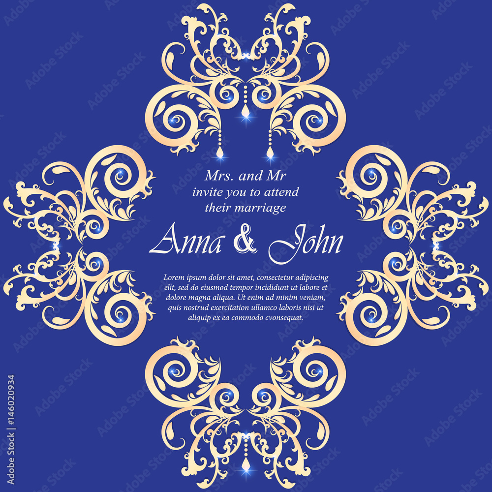 Wedding card, Invitation card with ornamental on blue background Wedding card, Invitation card with ornamental on blue background