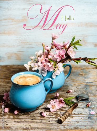 hello may vertical banner with blooming flowers 