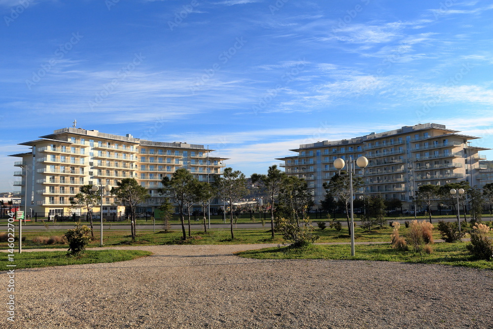 Buildings Sochi Park Hotel at dawn. Adler, Russia Buildings Sochi Park Hotel at dawn. Adler, Russia