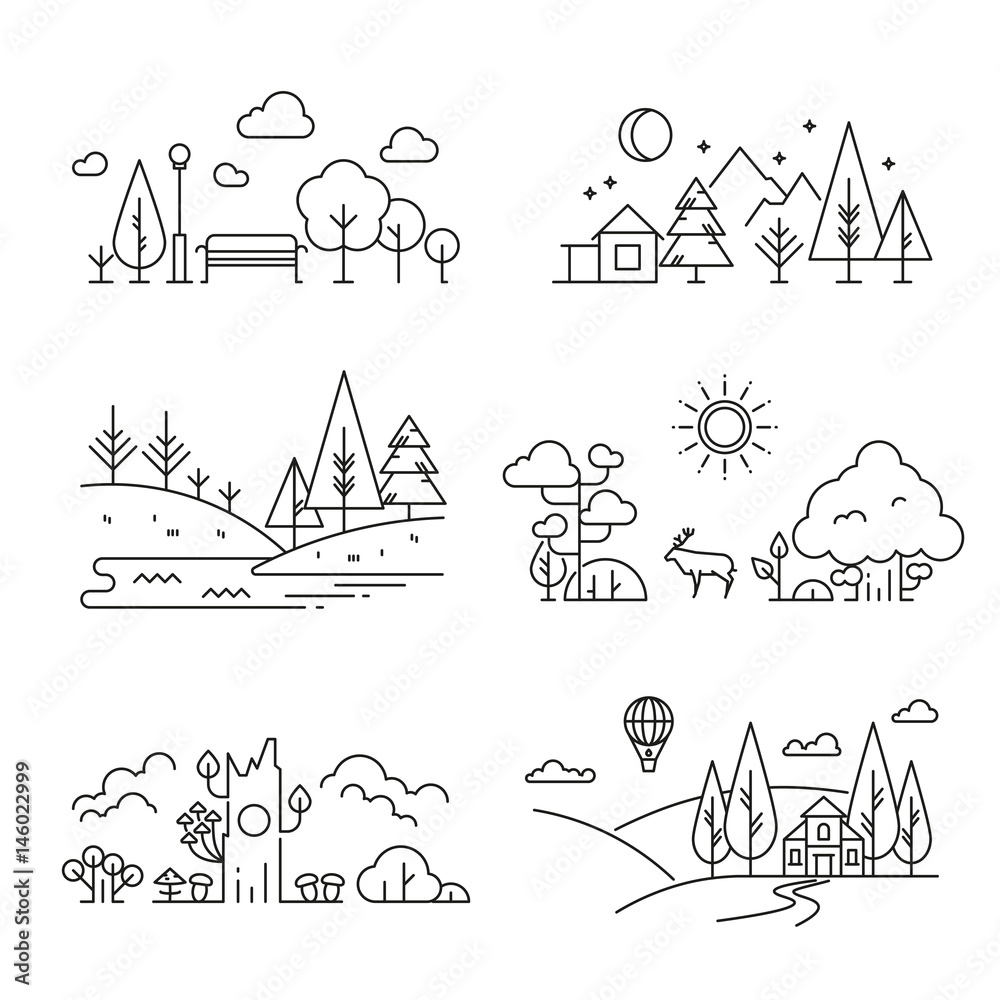 Nature landscape outline icons with tree, plants, mountains, river
