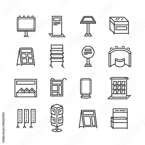 Exhibition banner stands, promo display line vector icons