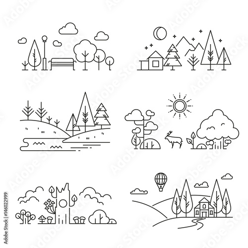 Nature landscape outline icons with tree, plants, mountains, river