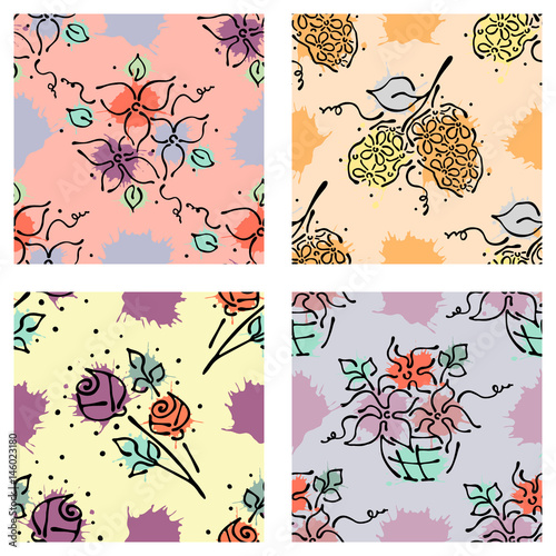 Set of seamless vector hand drawn floral patterns, endless backgrounds Print with flowers, leaves, splash, drops, spot. line drawing, graphic illustration. Print for wrapping, background, fabric