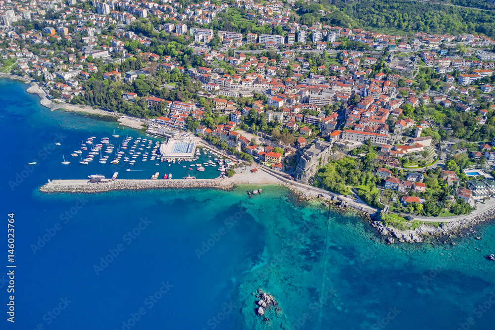 Top view of the beautiful city with a marina