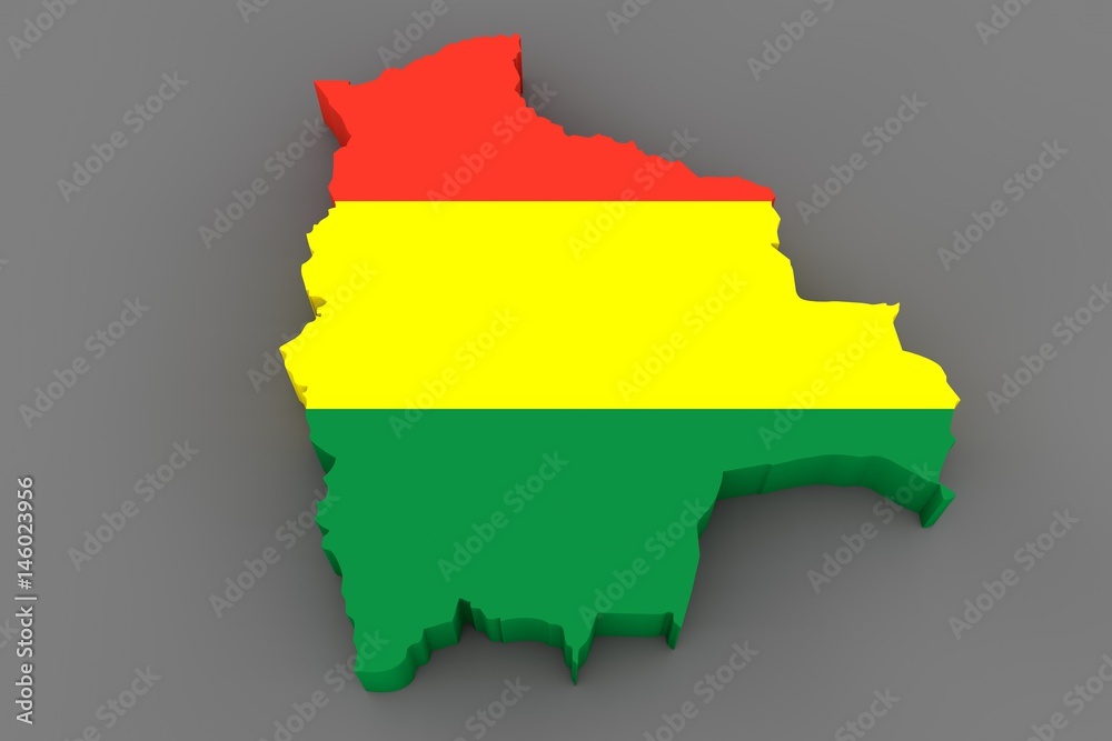 Country shape of Bolivia - 3D render of country borders filled with colors of Bolivia flag isolated on grey background Country shape of Bolivia - 3D render of country borders filled with colors of Bolivia flag isolated on grey background