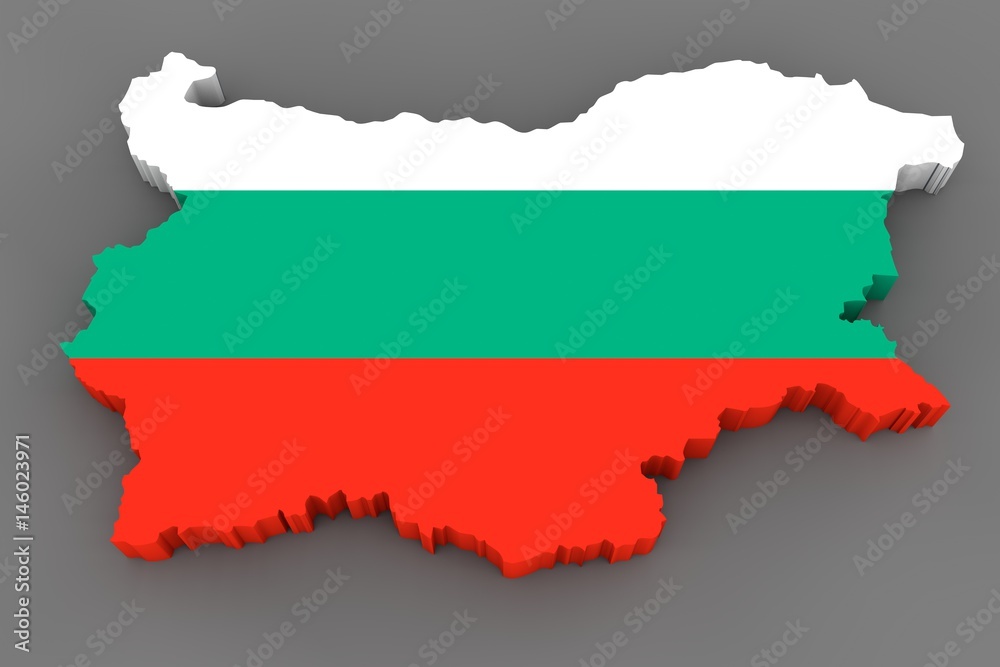 Country shape of Bulgaria - 3D render of country borders filled with colors of Bulgaria flag isolated on grey background