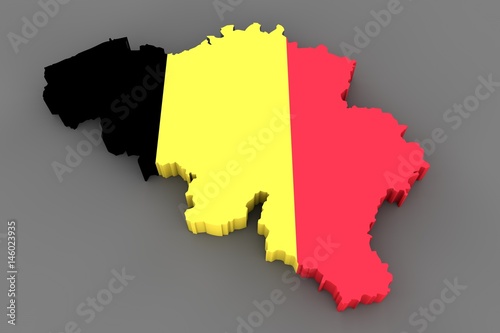 Country shape of Belgium - 3D render of country borders filled with colors of Belgium flag isolated on grey background