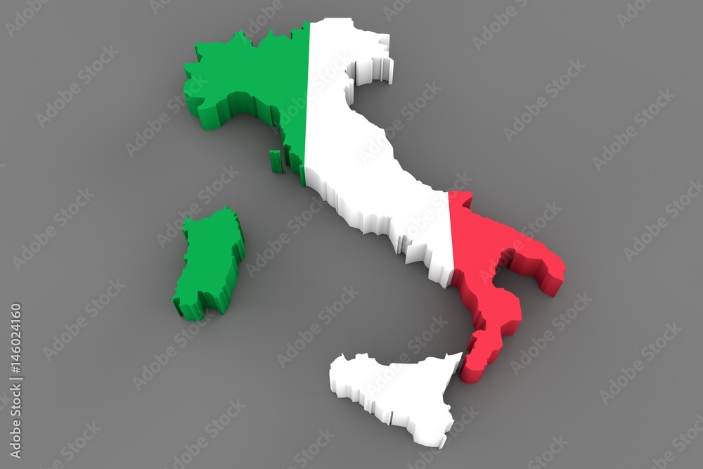 Country shape of Italy - 3D render of country borders filled with colors of Italy flag isolated on grey background Country shape of Italy - 3D render of country borders filled with colors of Italy flag isolated on grey background