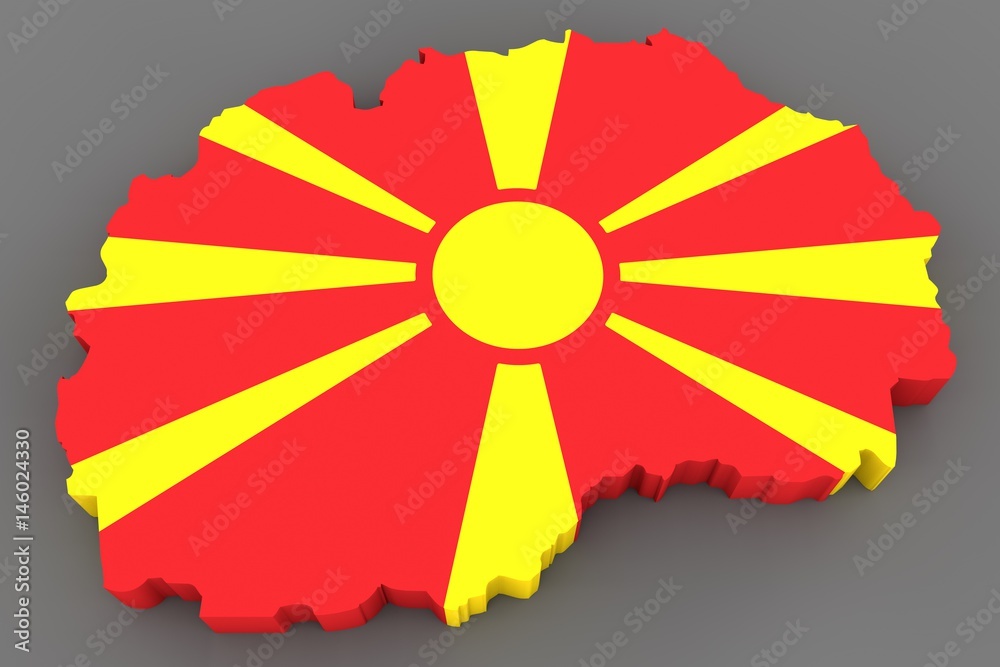 Country shape of Macedonia - 3D render of country borders filled with colors of Macedonia flag isolated on grey background