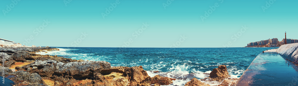 Rocky coast at St Julians in retro style, Malta, EU