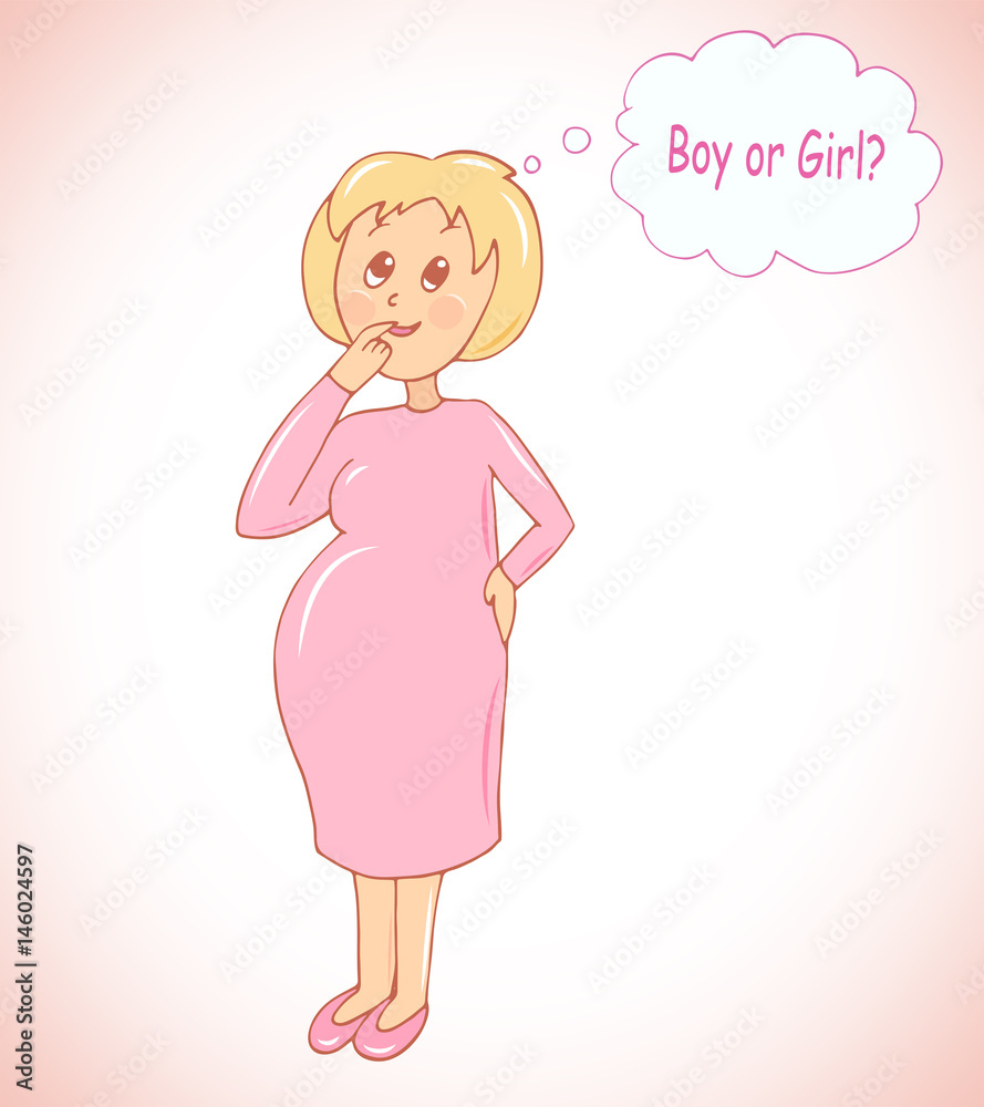 Illustration of pregnant woman wondering if she's having a baby girl or a boy Illustration of pregnant woman wondering if she's having a baby girl or a boy