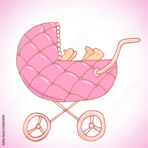 Beautiful pink baby carriage with baby inside illustration