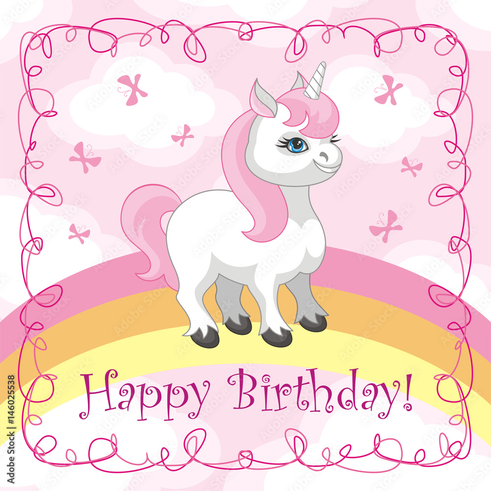 Happy birthday greeting card with a picture of a cute unicorn. Vector illustration Happy birthday greeting card with a picture of a cute unicorn. Vector illustration
