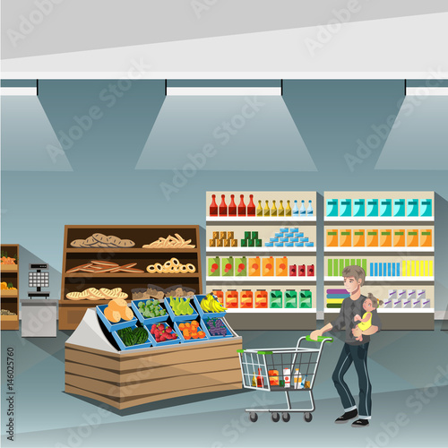 Young man pushing an empty supermarket cart.