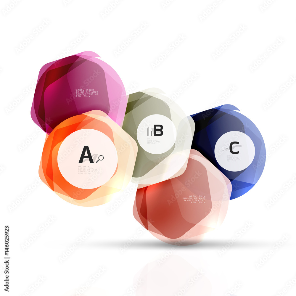 Glass color hexagons. Glossy plastic hexagon design with text Glass color hexagons. Glossy plastic hexagon design with text
