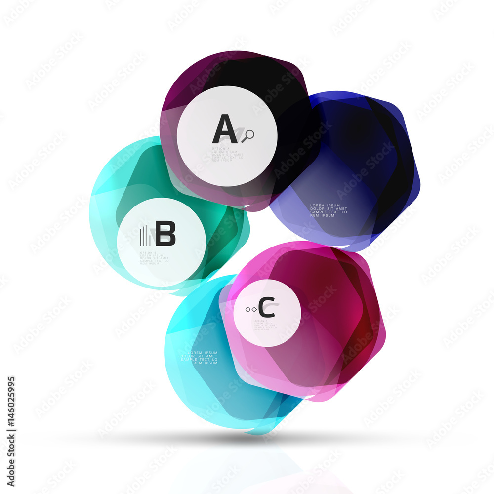 Glass color hexagons. Glossy plastic hexagon design with text Glass color hexagons. Glossy plastic hexagon design with text