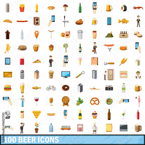 100 beer icons set, cartoon style photo