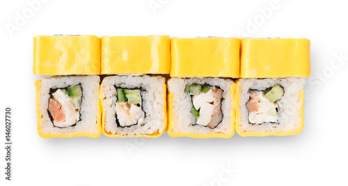 Set of sushi rolls isolated closeup, top view