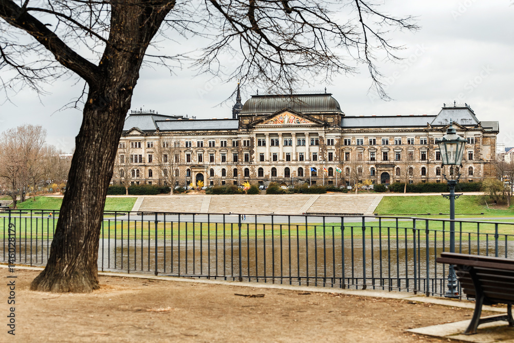 Cute Park in the center of Dresden with view of the Elbe river and Ministry of Finance of Saxony