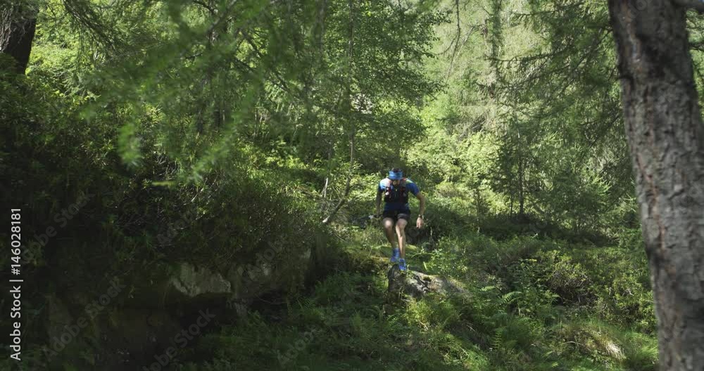 caucasian trail runner running in mountain through woods, villages. 4k gimbal wide front video shot caucasian trail runner running in mountain through woods, villages. 4k gimbal wide front video shot