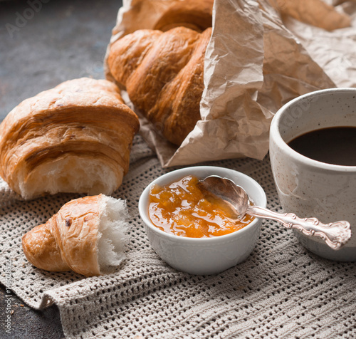 French breakfast - fresh croissants, apricot jam and coffee.

 photo