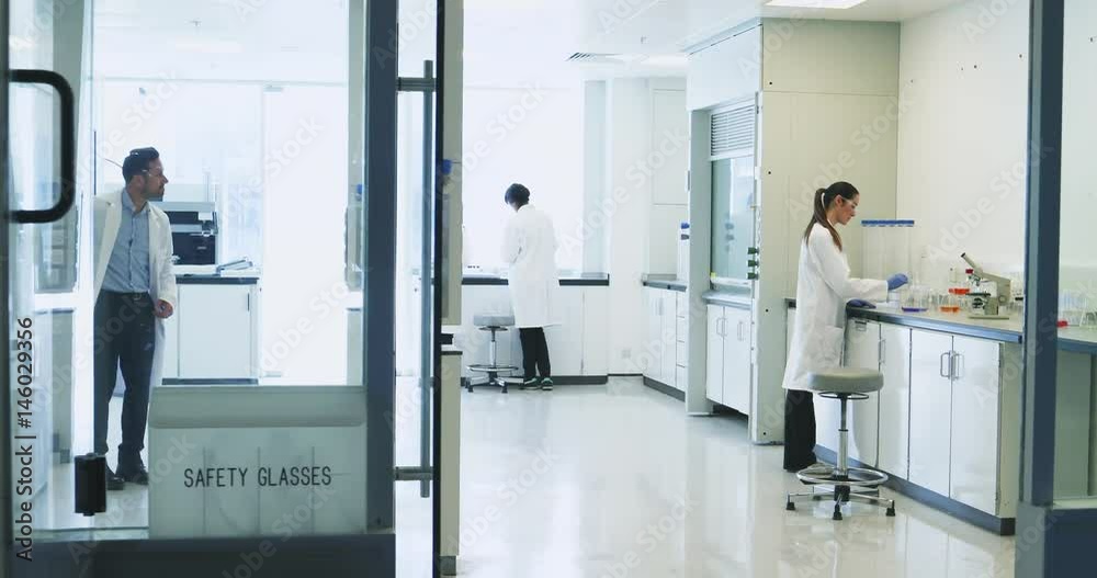 Female scientist discussing experiment with a male colleague Female scientist discussing experiment with a male colleague
