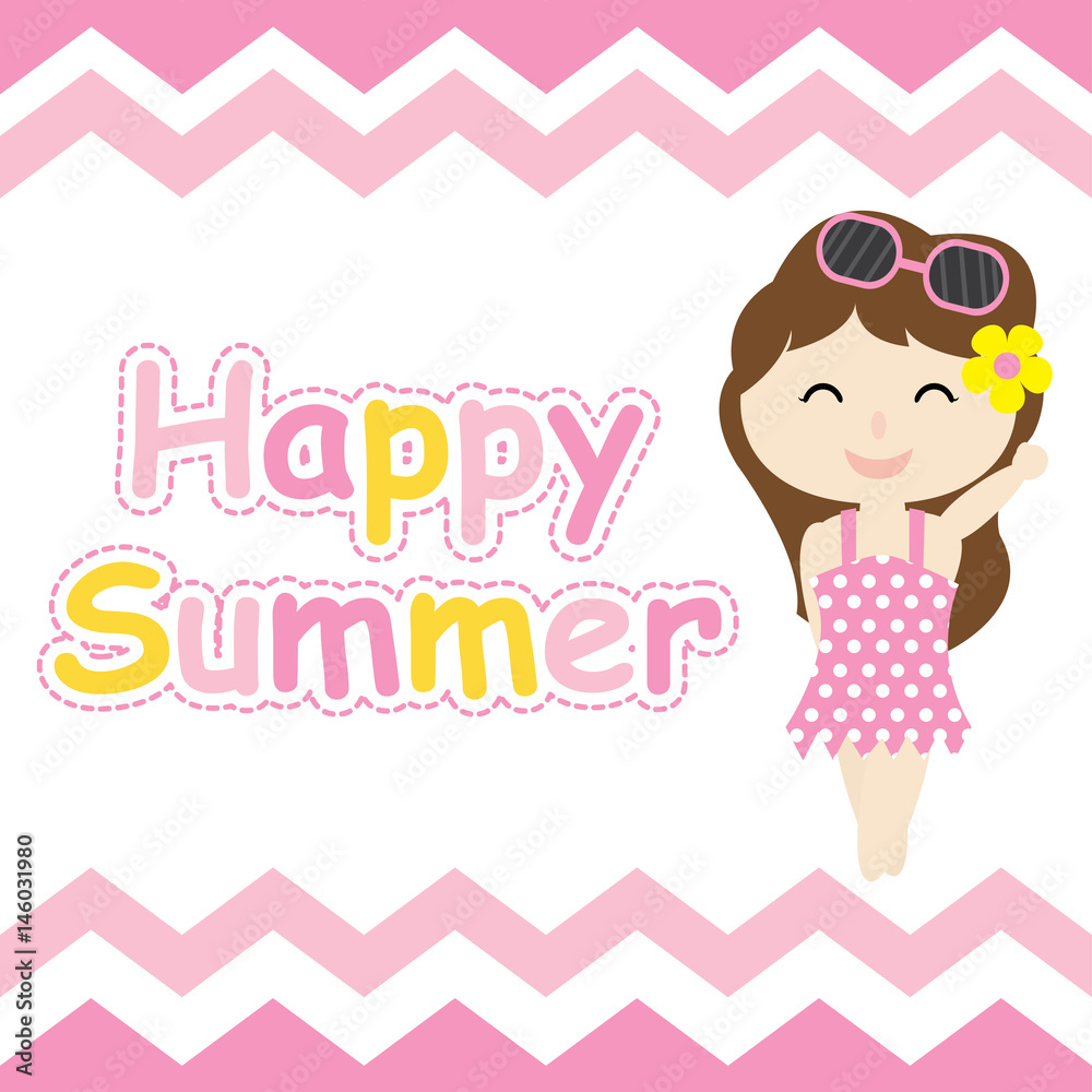 Cute girl on pink chevron frame vector cartoon, Summer postcard, wallpaper, and greeting card, T-shirt design for kids Cute girl on pink chevron frame vector cartoon, Summer postcard, wallpaper, and greeting card, T-shirt design for kids