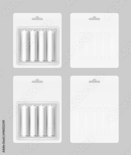 Vector Set of Four White Silver Gray Glossy Alkaline AA Batteries in White Blister Packed for branding Close up Isolated on Background