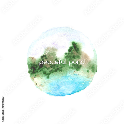 Circle watercolor landscape with inscription peaceful pond, layered