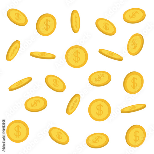 Golden coin 3D icon set. Flying falling down cash money rain. Dollar sign symbol. Income and profits. Business finance concept. White background. Isolated Flat design