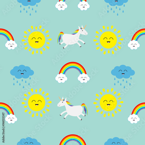 Cute cartoon sun, cloud with rain, rainbow, unicorn horse with eyes set. Baby Seamless Pattern Wrapping paper, textile template. Blue background. Flat design.