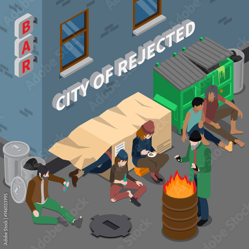 Lifestyle Of Homeless People Isometric Composition