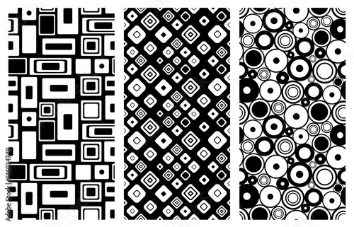 Set of seamless vector geometrical patterns. Endless background with hand drawn ornamental squares, circles. Graphic vector illustration with ethnic tribal motifs. Print for cover, fabric, wrapping.