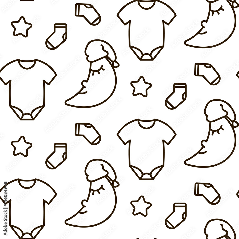 Newborn dreamy line icon vector monochrome pattern. Baby outline clothes and moon cute seamless background for fabric or website. Newborn dreamy line icon vector monochrome pattern. Baby outline clothes and moon cute seamless background for fabric or website.
