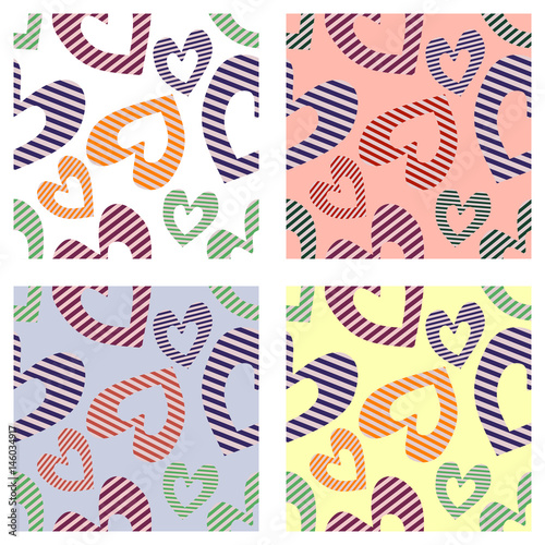Set of seamless vector patterns with hearts. Background with hand drawn ornamental symbols. Template for wrapping, decor, surface, cards, backgrounds, textile, print. Decorative repeat ornament.