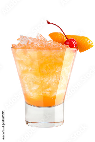 Фотография Refreshing cocktail with orange peel and maraschino cherry decoration